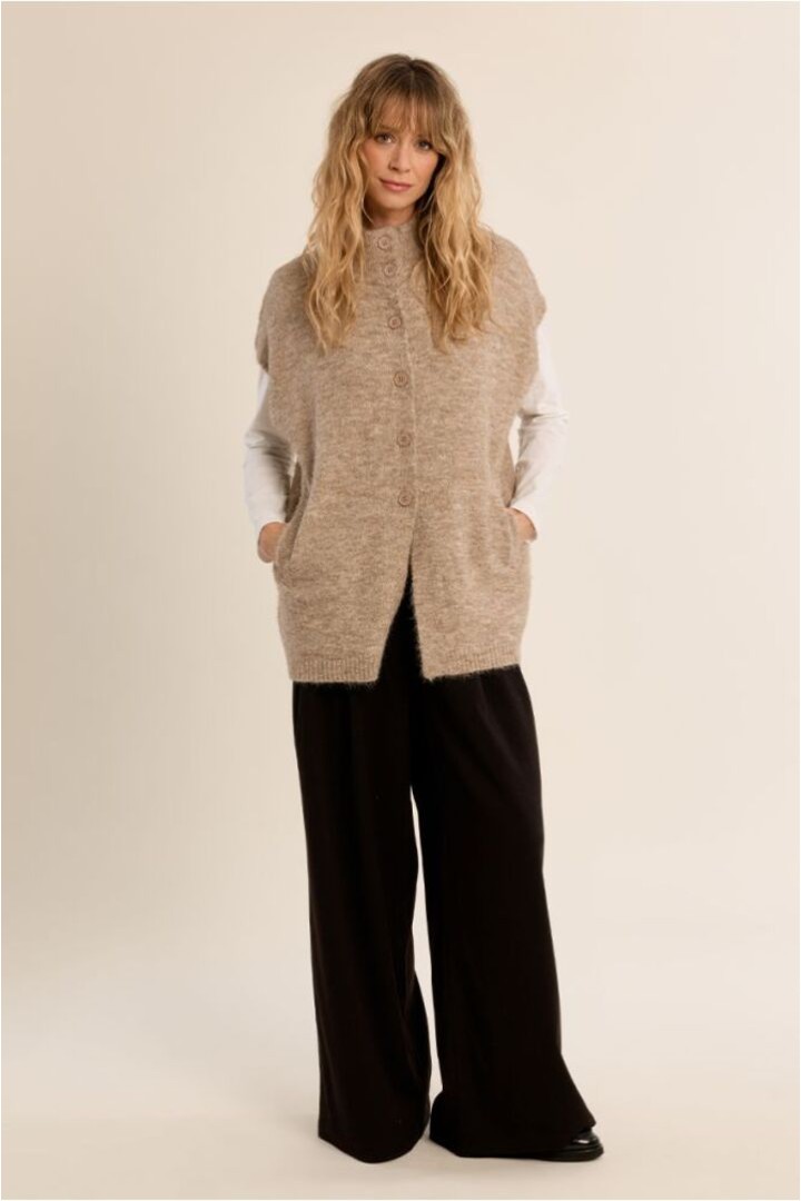 Sleeveless cardigan, stand-up collar Beige