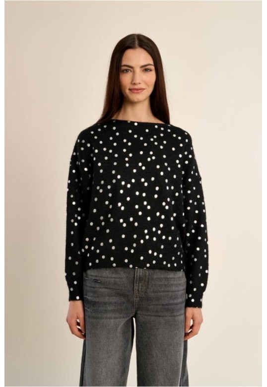 Boat Neck Sweater, Polka Dot Pattern Black/Silver