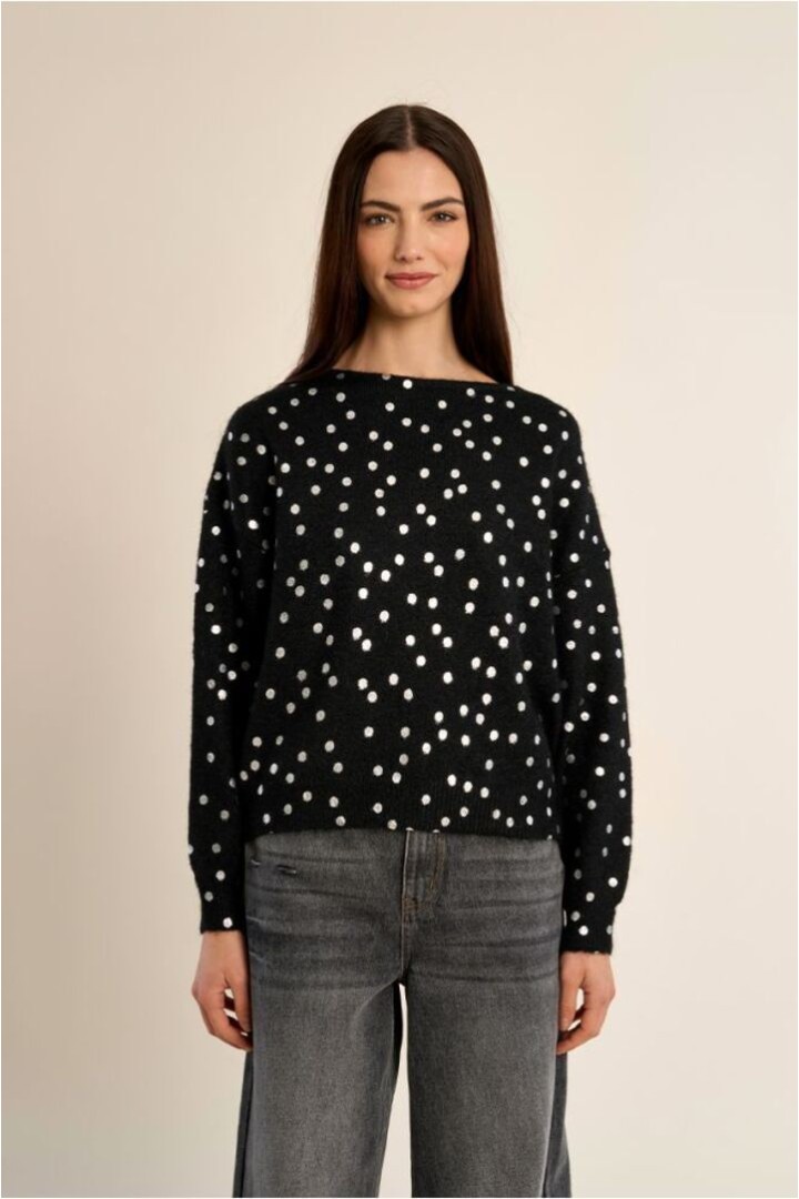 Boat Neck Sweater, Polka Dot Pattern Black/Silver