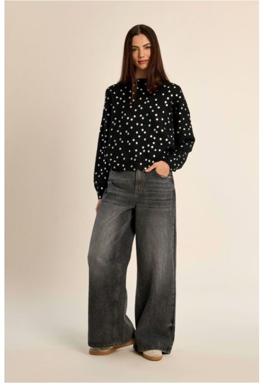 Boat Neck Sweater, Polka Dot Pattern Black/Silver