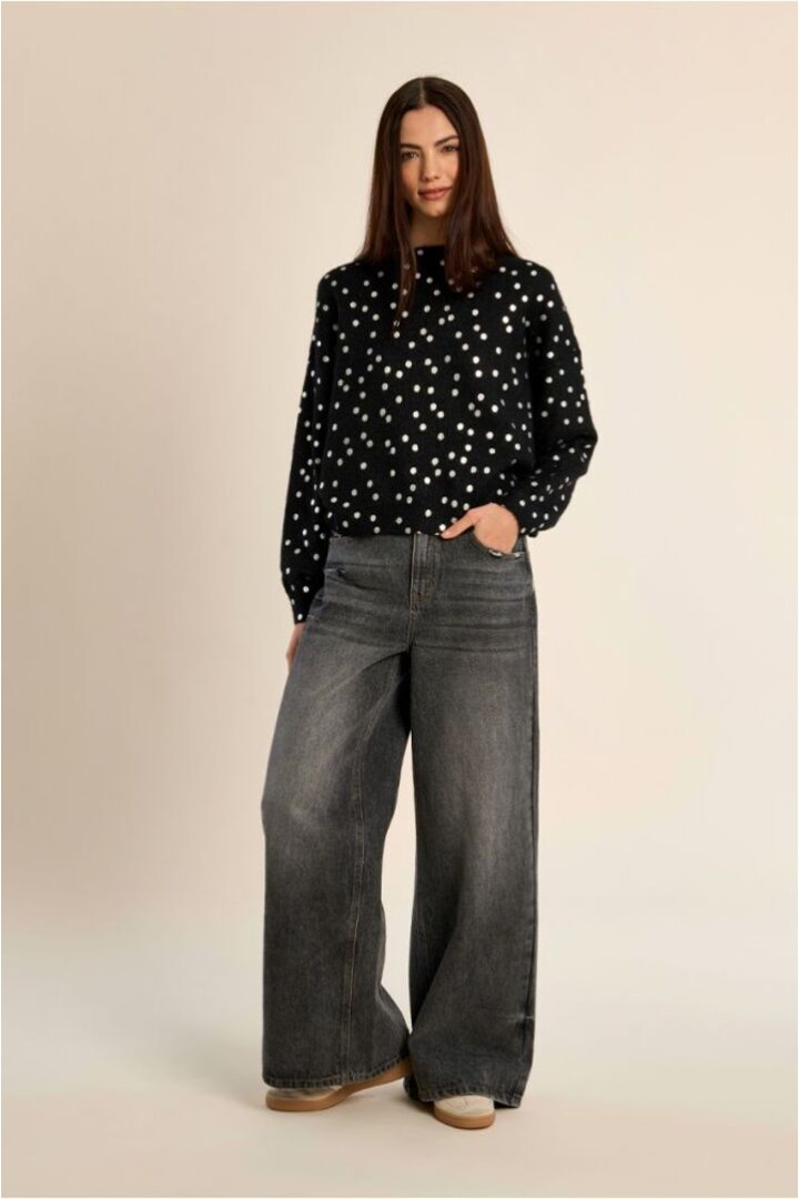 Boat Neck Sweater, Polka Dot Pattern Black/Silver