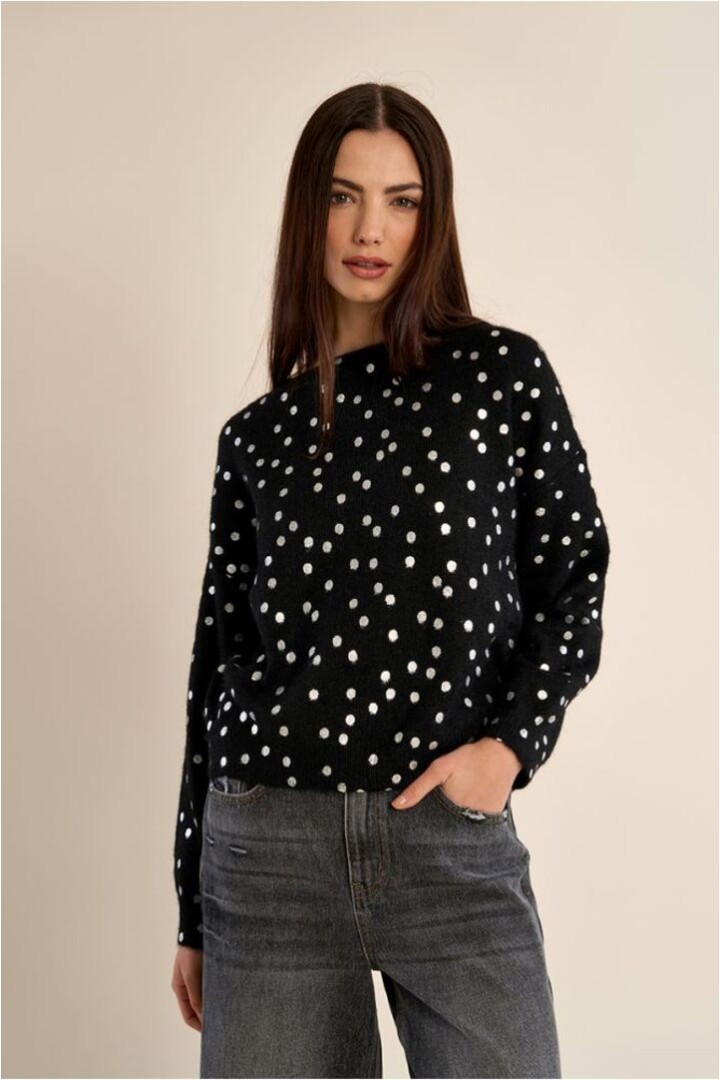 Boat Neck Sweater, Polka Dot Pattern Black/Silver