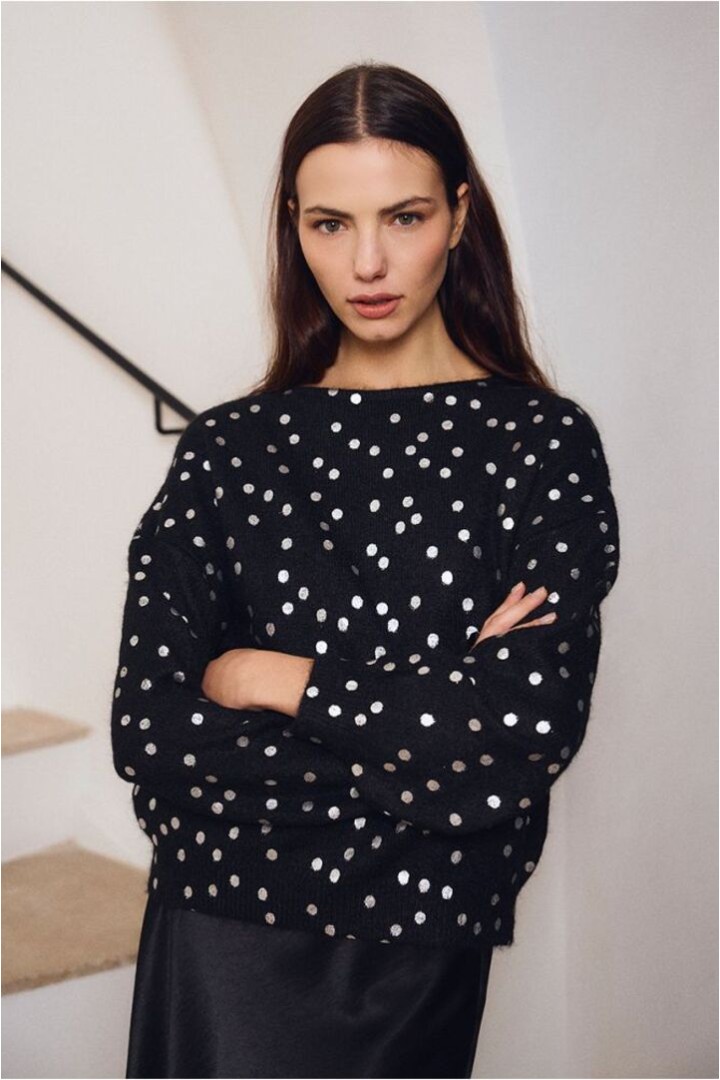 Boat Neck Sweater, Polka Dot Pattern Black/Silver