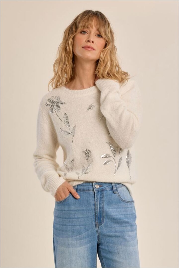 Rhinestone Fluffy Sweater Off White