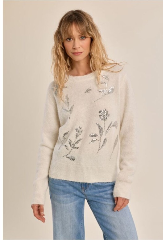 Rhinestone Fluffy Sweater Off White