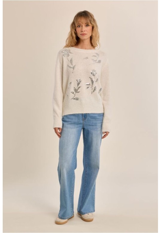 Rhinestone Fluffy Sweater Off White