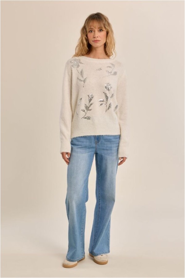Rhinestone Fluffy Sweater Off White
