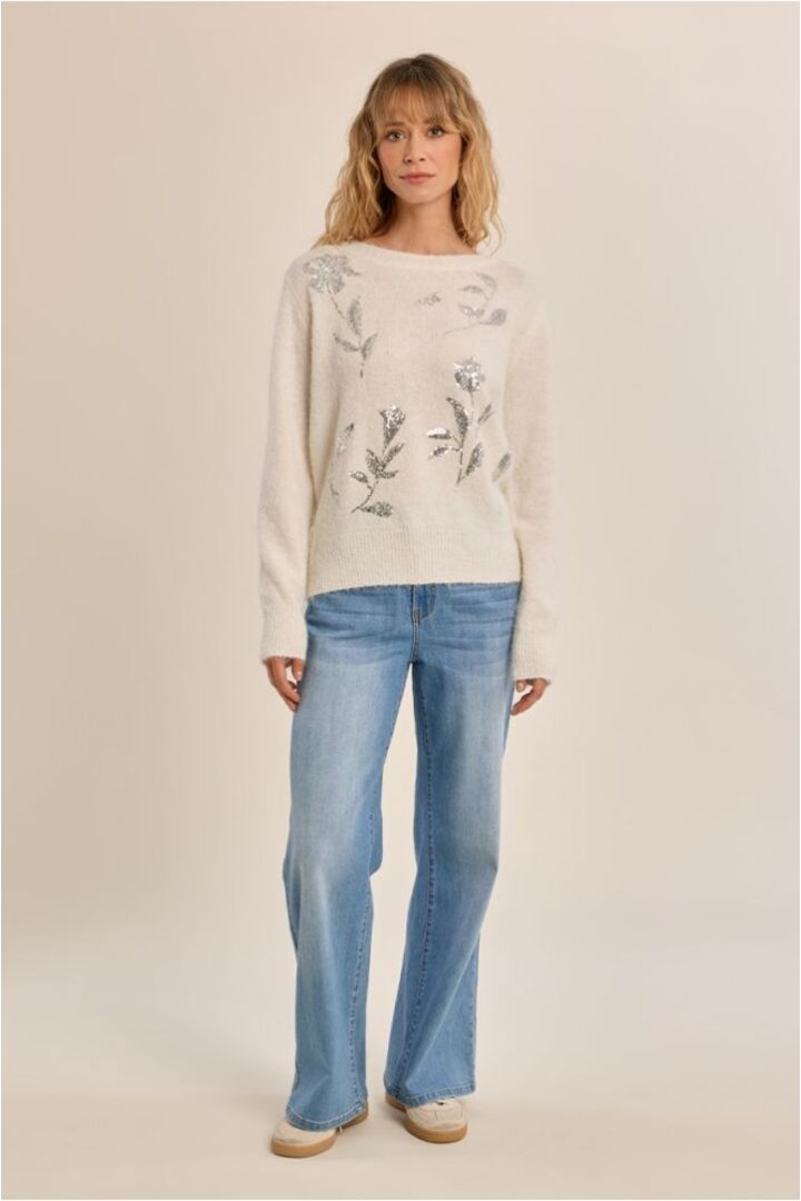 Rhinestone Fluffy Sweater Off White