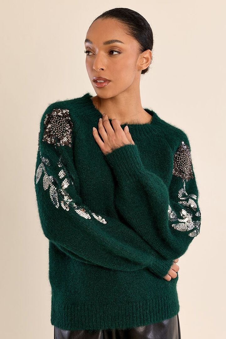 Rhinestone sweater on the sleeves Forrest Green