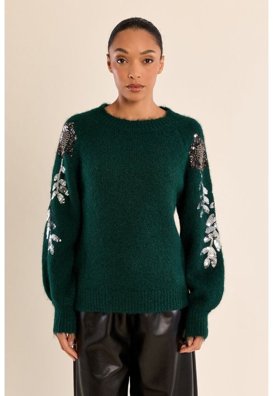 Rhinestone sweater on the sleeves Forrest Green