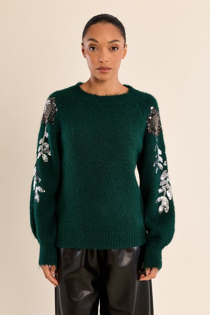 Rhinestone sweater on the sleeves Forrest Green