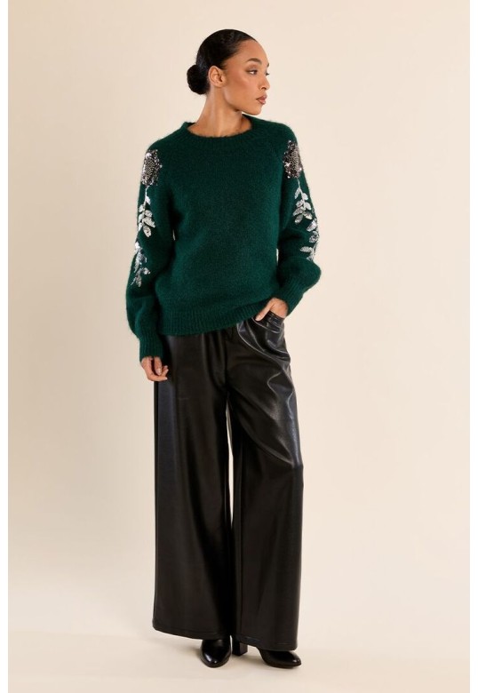 Rhinestone sweater on the sleeves Forrest Green