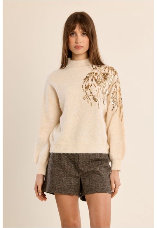 Sweater With High Neck, Embellished With Pearls Cream