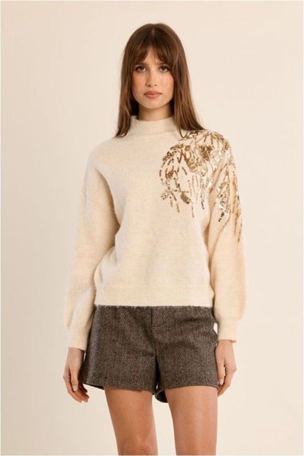 Sweater With High Neck, Embellished With Pearls Cream