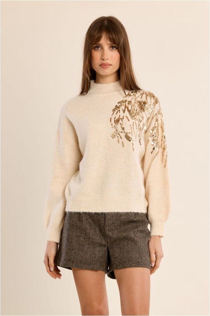 Sweater With High Neck, Embellished With Pearls Cream