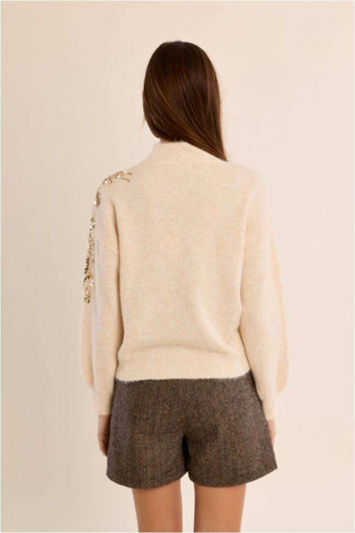 Sweater With High Neck, Embellished With Pearls Cream