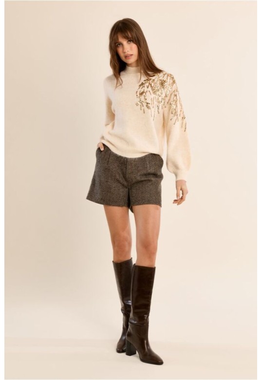 Sweater With High Neck, Embellished With Pearls Cream
