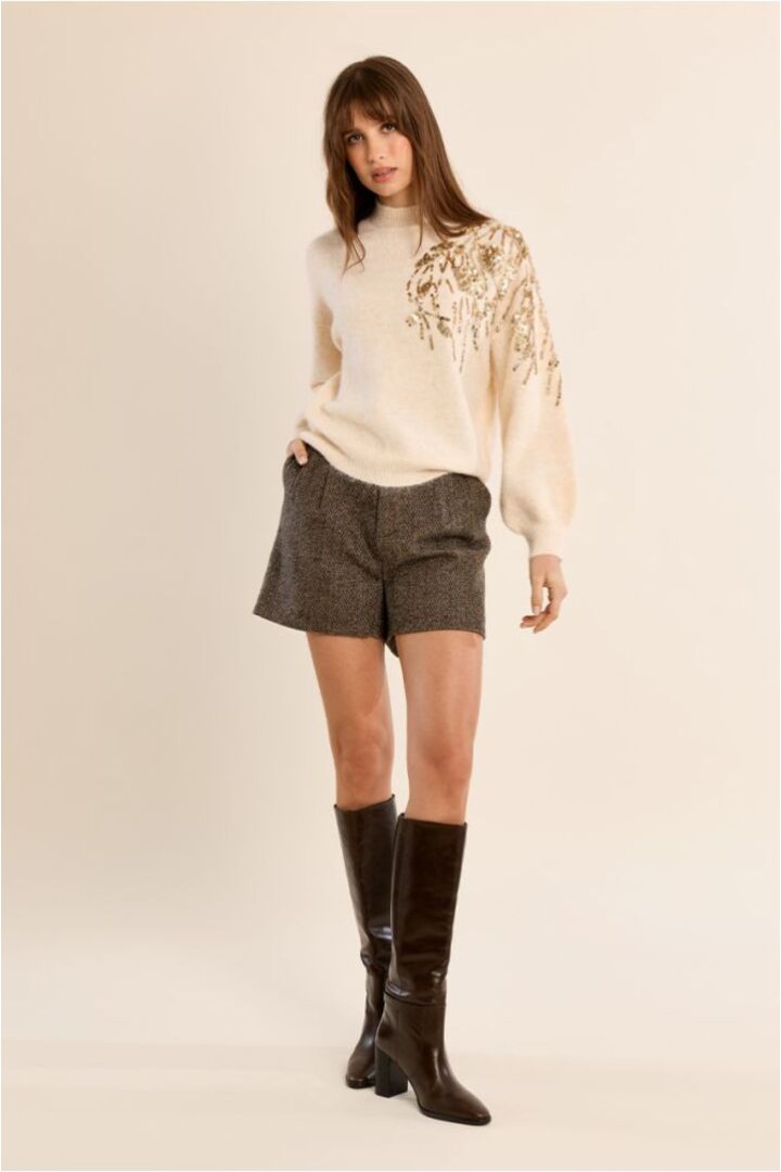 Sweater With High Neck, Embellished With Pearls Cream