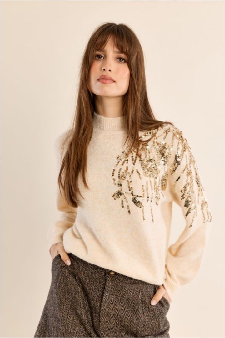 Sweater With High Neck, Embellished With Pearls Cream