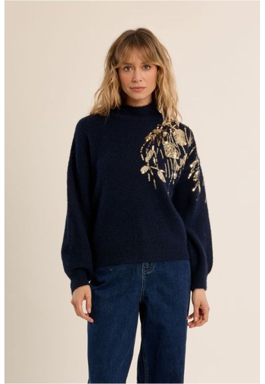 Sweater With High Neck, Embellished With Pearls Navy Blue
