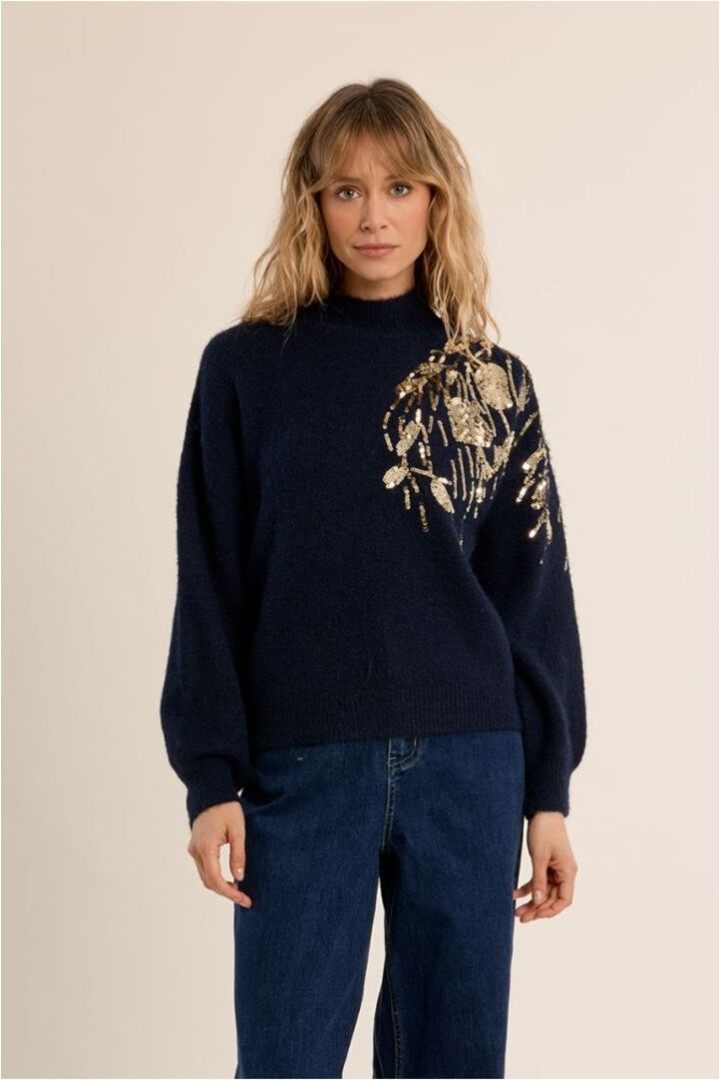 Sweater With High Neck, Embellished With Pearls Navy Blue