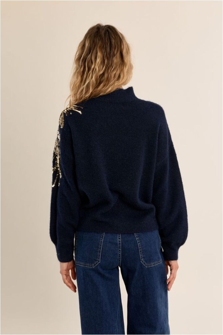 Sweater With High Neck, Embellished With Pearls Navy Blue