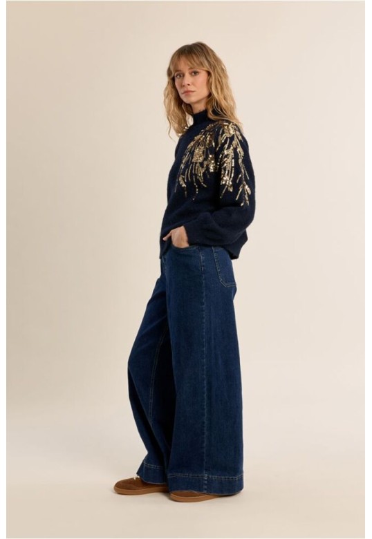 Sweater With High Neck, Embellished With Pearls Navy Blue