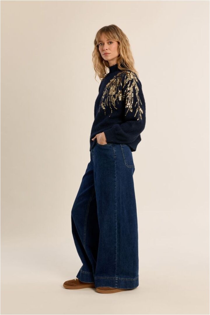 Sweater With High Neck, Embellished With Pearls Navy Blue