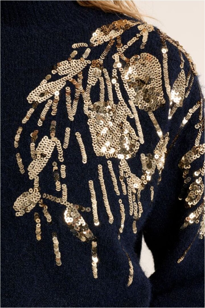 Sweater With High Neck, Embellished With Pearls Navy Blue