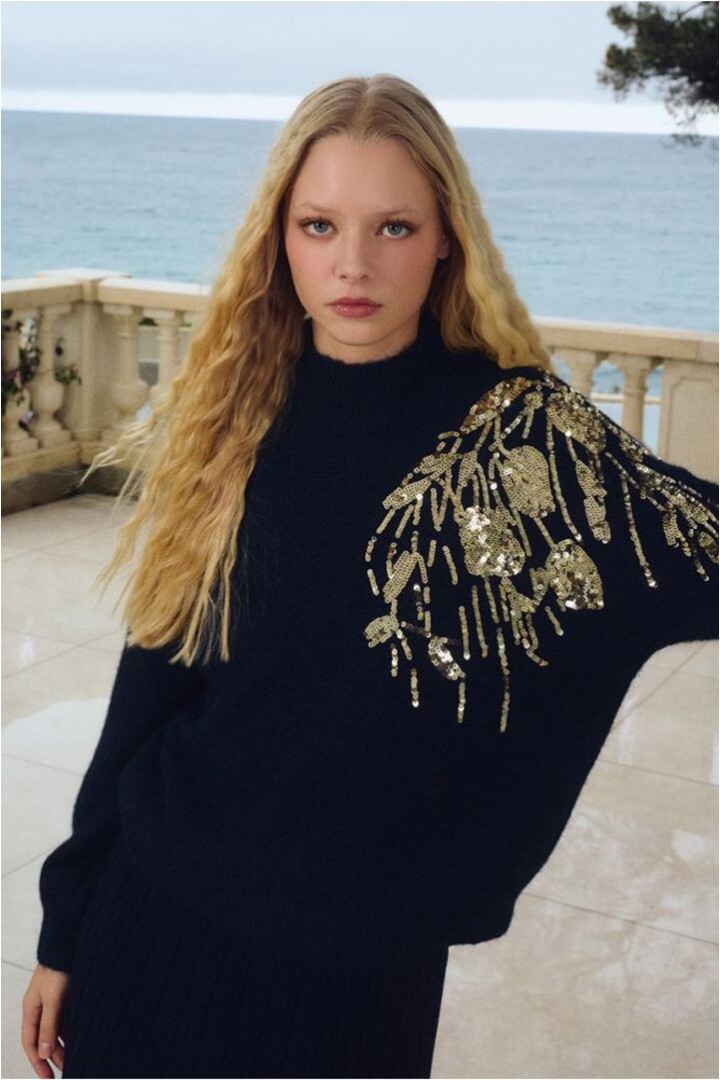 Sweater With High Neck, Embellished With Pearls Navy Blue
