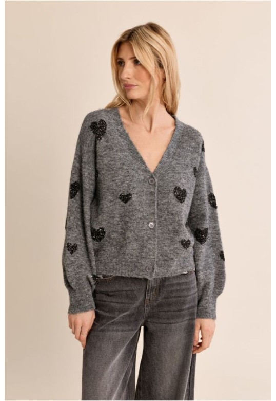 Balloon Sleeve Cardigan, Heart Pattern Ash Dark Grey