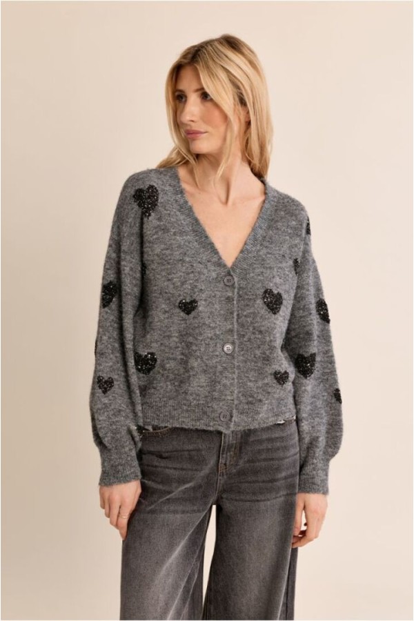 Balloon Sleeve Cardigan, Heart Pattern Ash Dark Grey