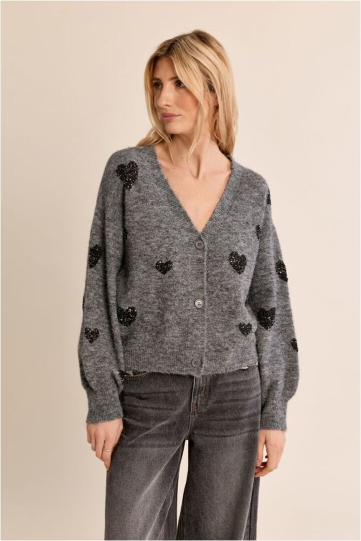Balloon Sleeve Cardigan, Heart Pattern Ash Dark Grey
