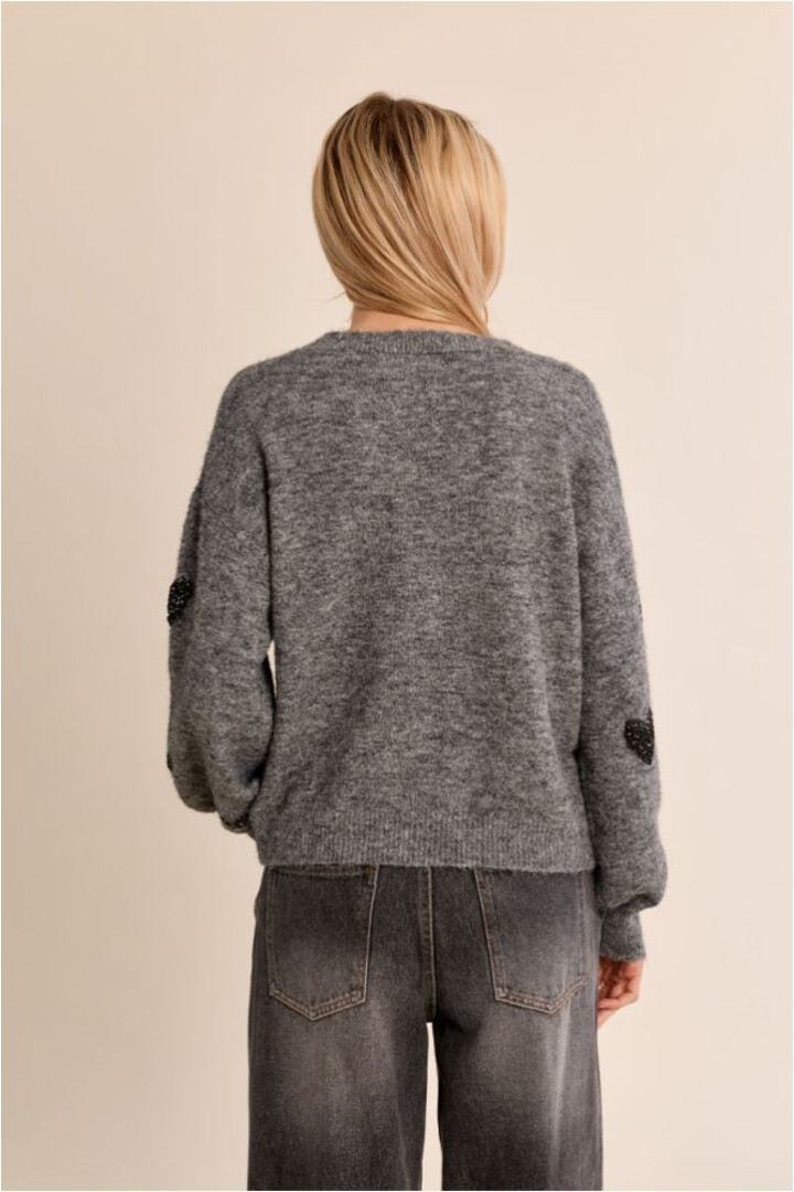 Balloon Sleeve Cardigan, Heart Pattern Ash Dark Grey