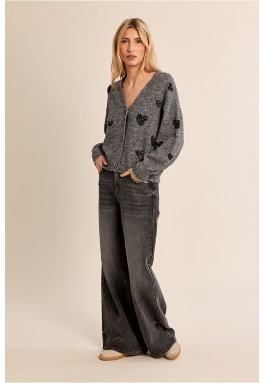 Balloon Sleeve Cardigan, Heart Pattern Ash Dark Grey