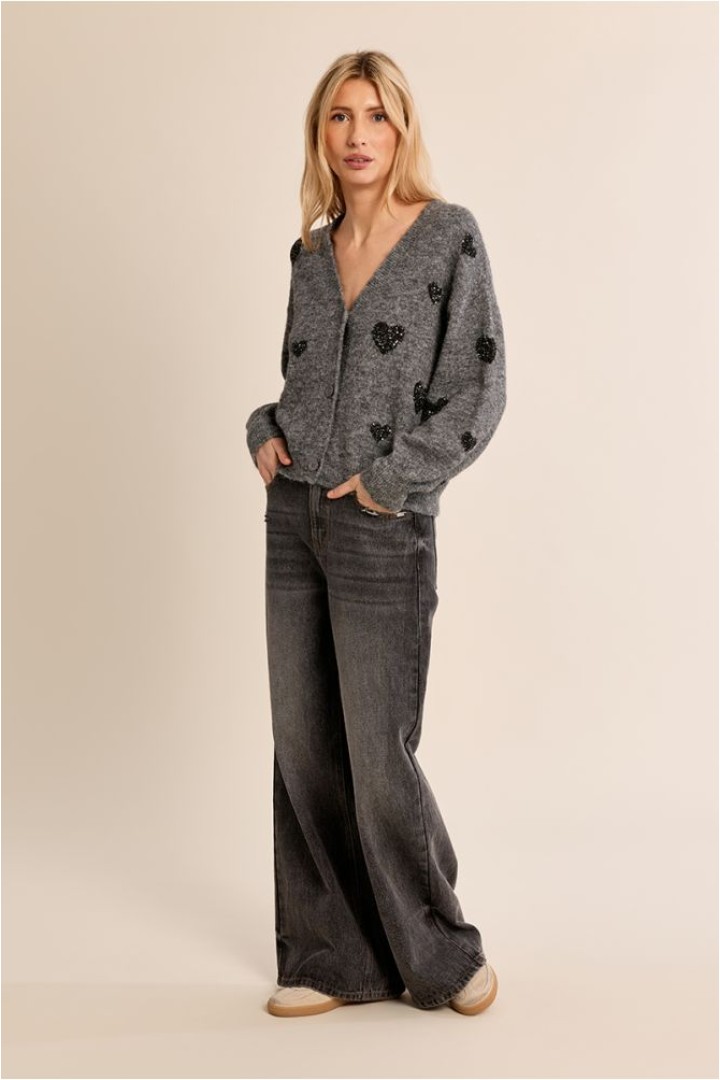 Balloon Sleeve Cardigan, Heart Pattern Ash Dark Grey