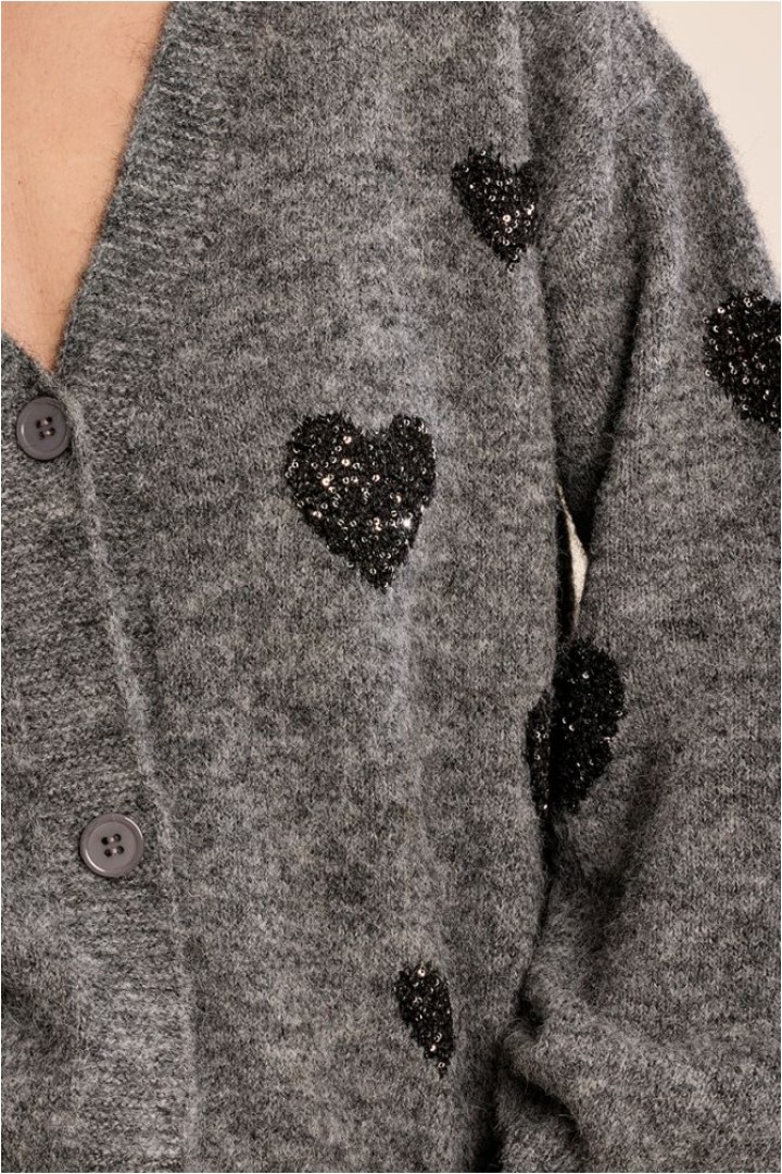 Balloon Sleeve Cardigan, Heart Pattern Ash Dark Grey