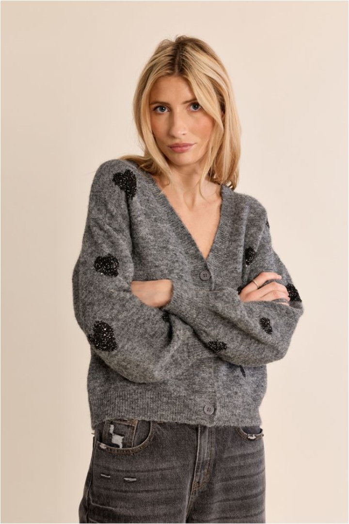Balloon Sleeve Cardigan, Heart Pattern Ash Dark Grey
