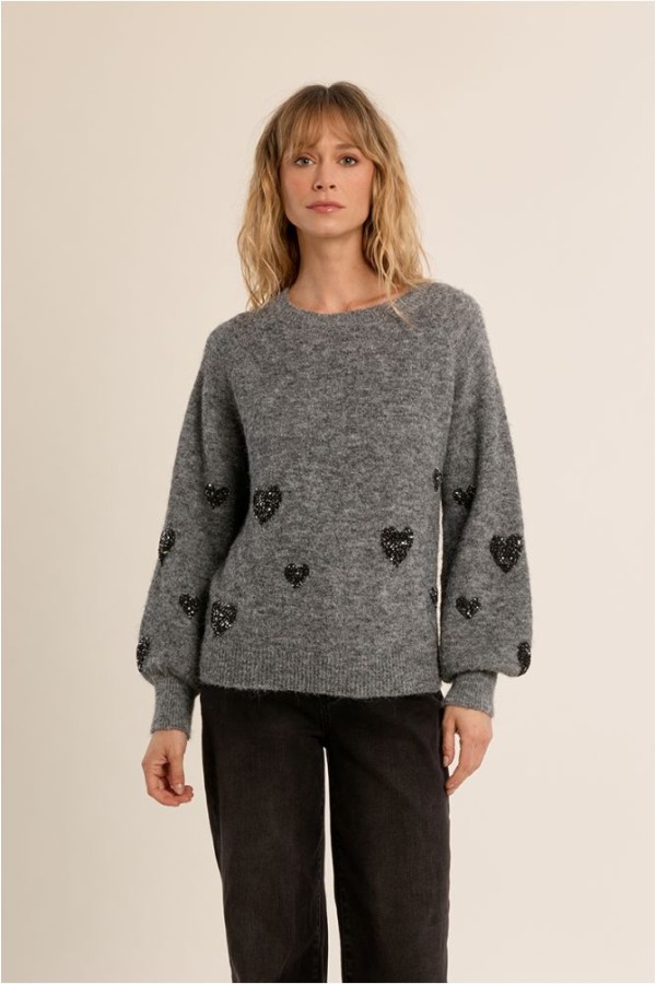 Balloon Sleeve Sweater, Heart Pattern Ash Dark Grey