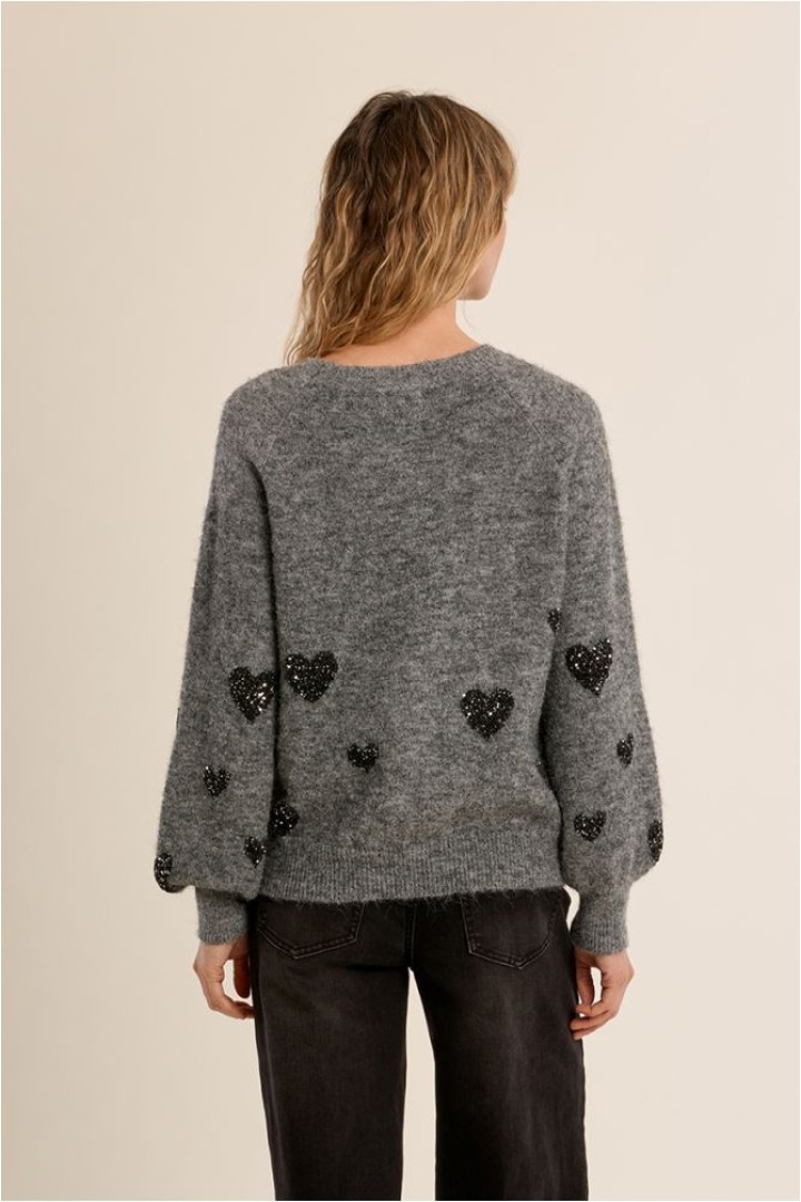 Balloon Sleeve Sweater, Heart Pattern Ash Dark Grey