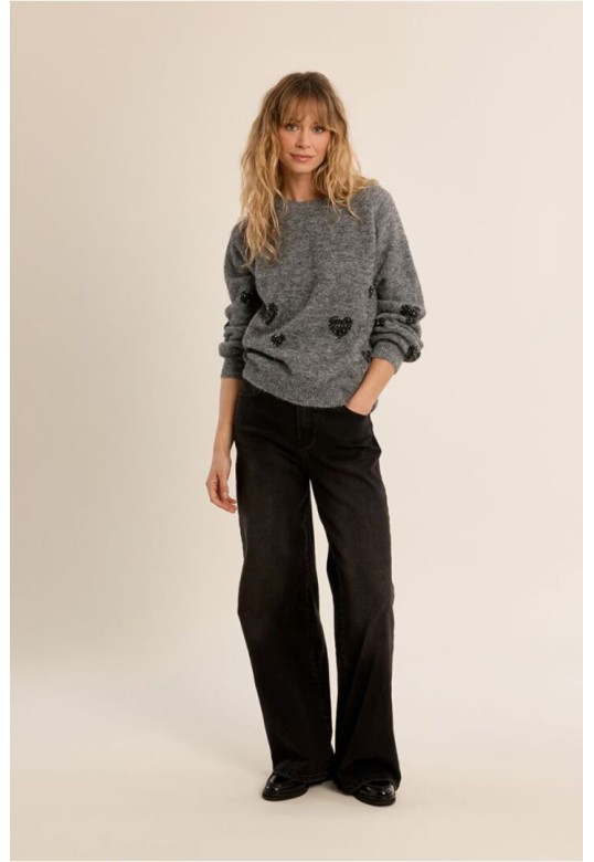 Balloon Sleeve Sweater, Heart Pattern Ash Dark Grey