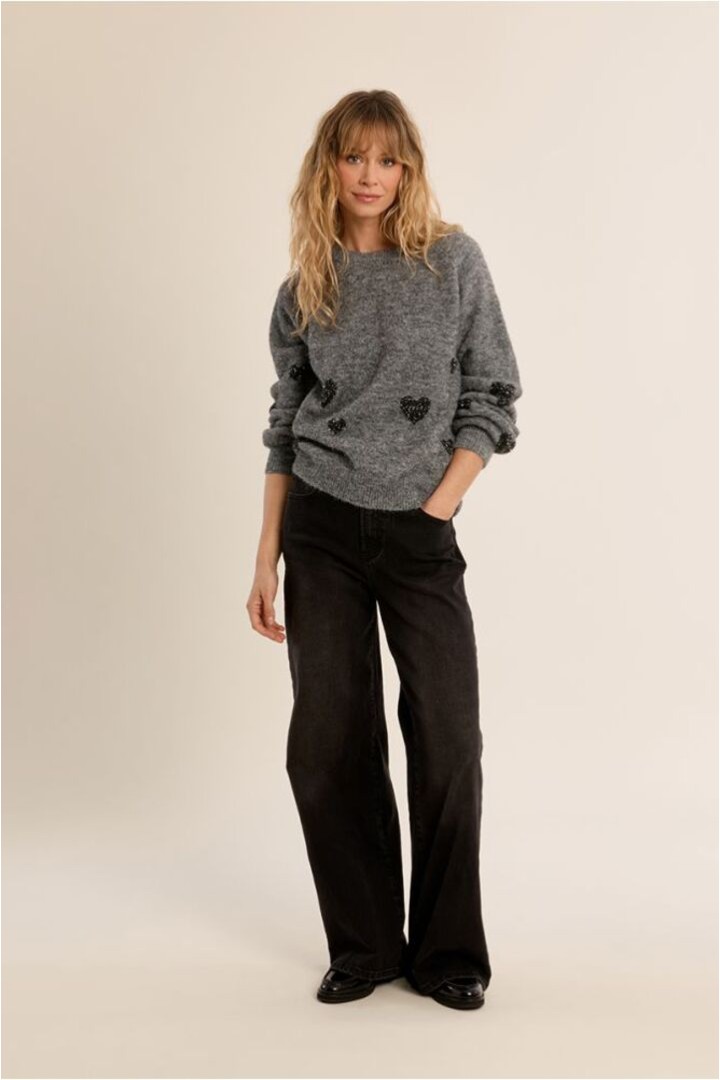 Balloon Sleeve Sweater, Heart Pattern Ash Dark Grey