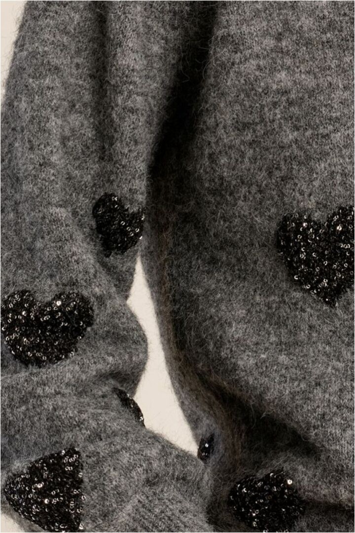 Balloon Sleeve Sweater, Heart Pattern Ash Dark Grey