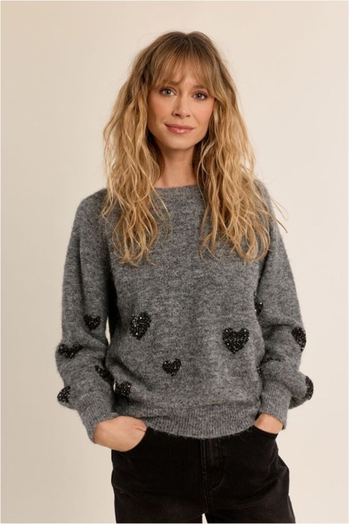 Balloon Sleeve Sweater, Heart Pattern Ash Dark Grey