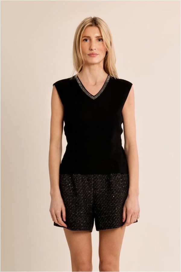 Iridescent V-Neck Top Black