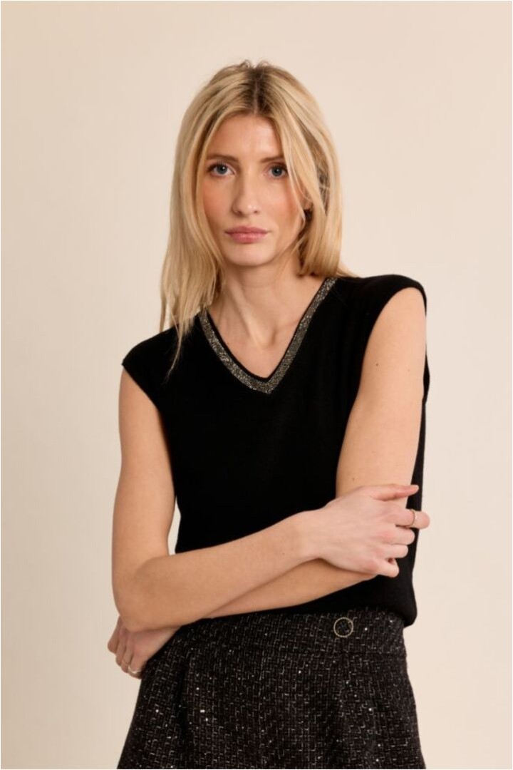 Iridescent V-Neck Top Black
