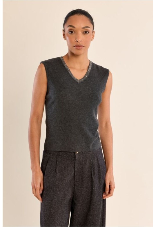 Iridescent V-Neck Top Dark Grey
