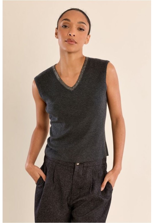 Iridescent V-Neck Top Dark Grey