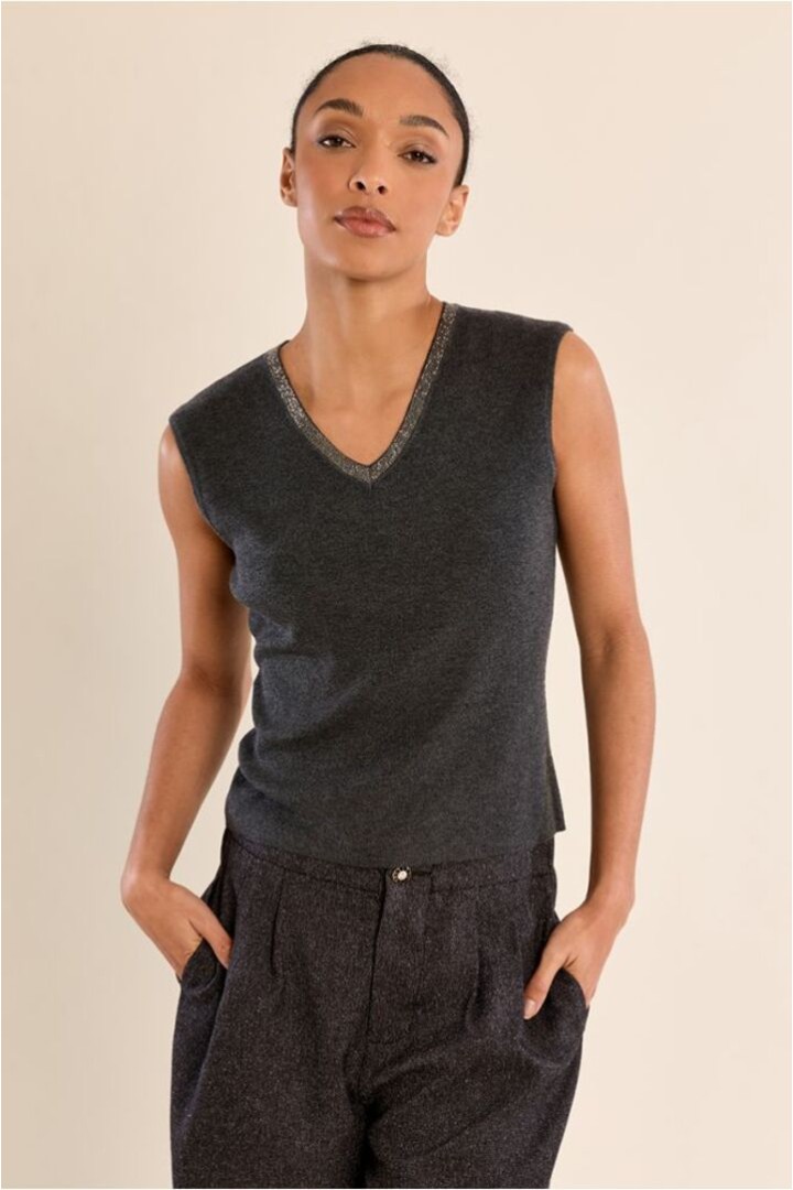 Iridescent V-Neck Top Dark Grey