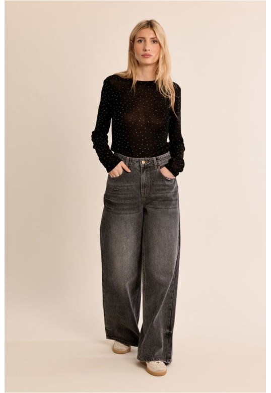 Semi-Sheer Polka Dot Top Black